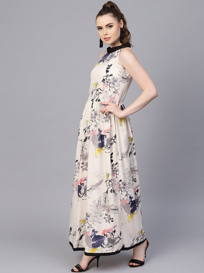 Cream Floral Sleeveless Printed Maxi Dress | LASVINI - Redefining Indian Fashion with Elegance