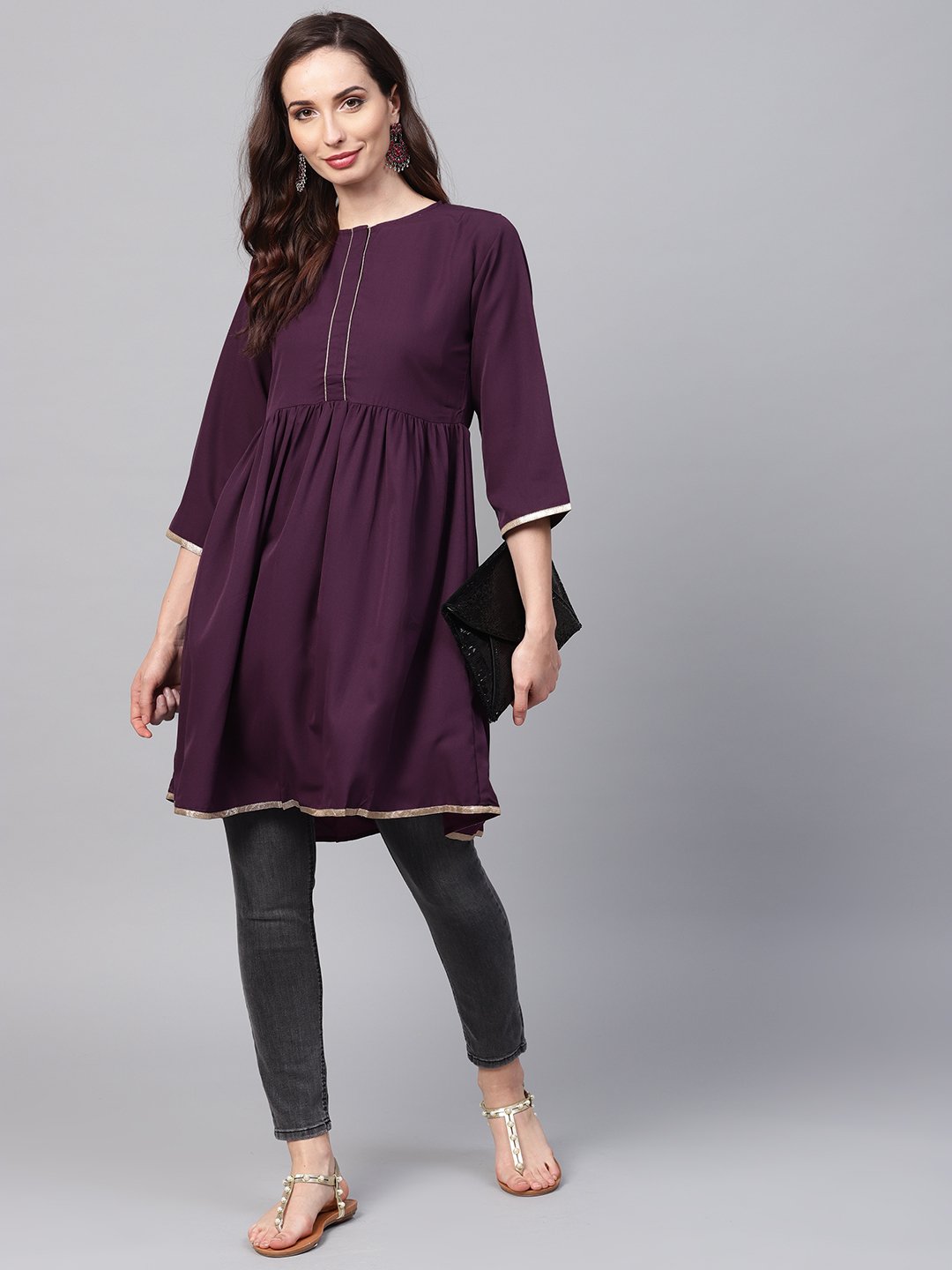 Solid Burgundy Tunic Emblished With Gota & 3/4 Sleeves | LASVINI - Redefining Indian Fashion with Elegance