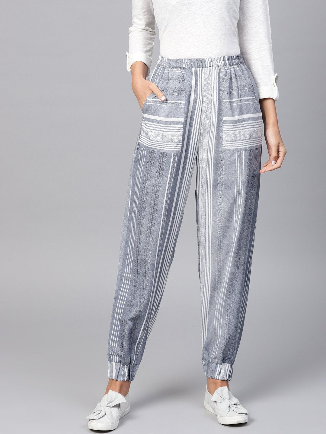 Grey Striped Ankle Length Jogger With Elastic Band | LASVINI - Redefining Indian Fashion with Elegance