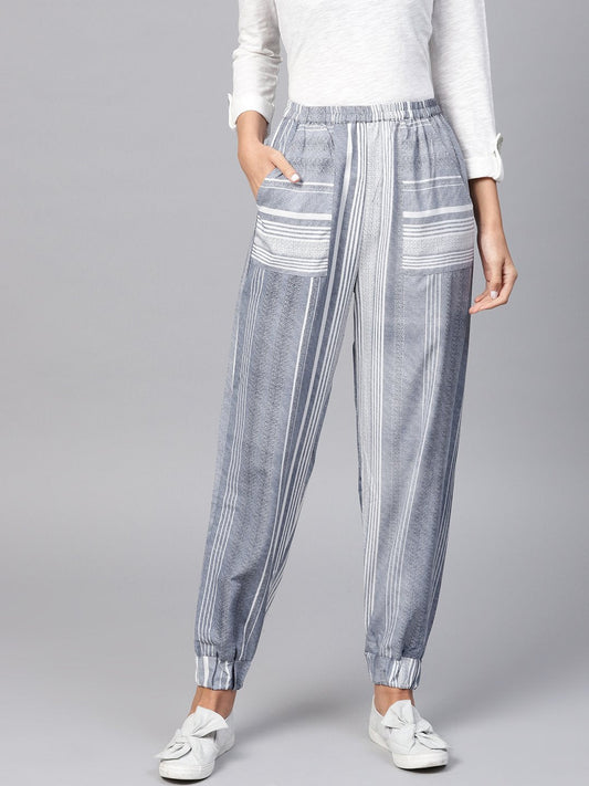 Grey Striped Ankle Length Jogger With Elastic Band | LASVINI - Redefining Indian Fashion with Elegance