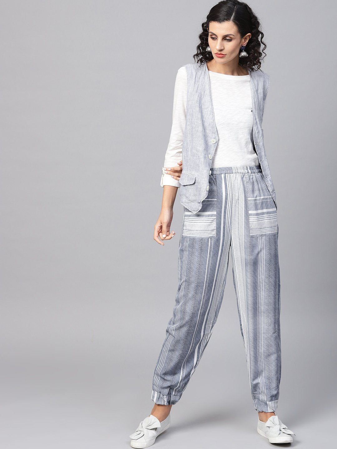 Grey Striped Ankle Length Jogger With Elastic Band | LASVINI - Redefining Indian Fashion with Elegance