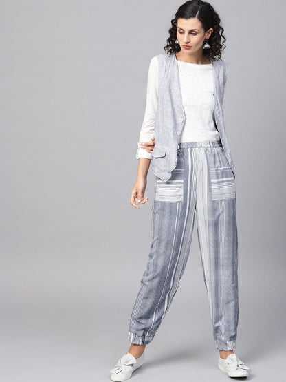 Grey Striped Ankle Length Jogger With Elastic Band | LASVINI - Redefining Indian Fashion with Elegance