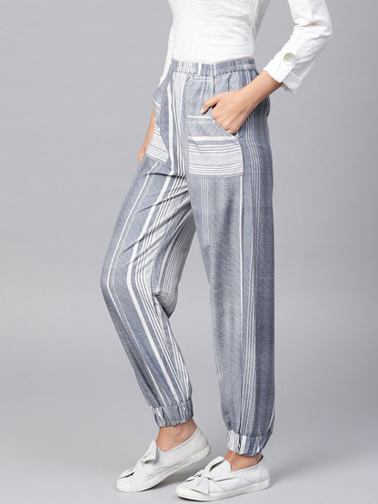 Grey Striped Ankle Length Jogger With Elastic Band | LASVINI - Redefining Indian Fashion with Elegance