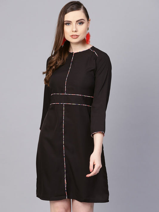 Solid Black Dress With Printed Piping & Round Neck | LASVINI - Redefining Indian Fashion with Elegance