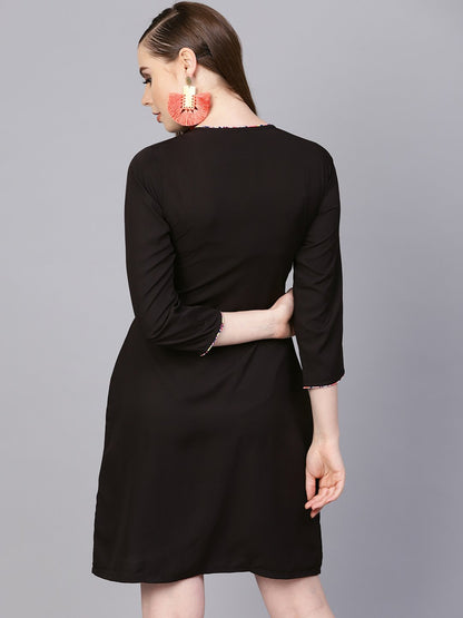 Solid Black Dress With Printed Piping & Round Neck | LASVINI - Redefining Indian Fashion with Elegance