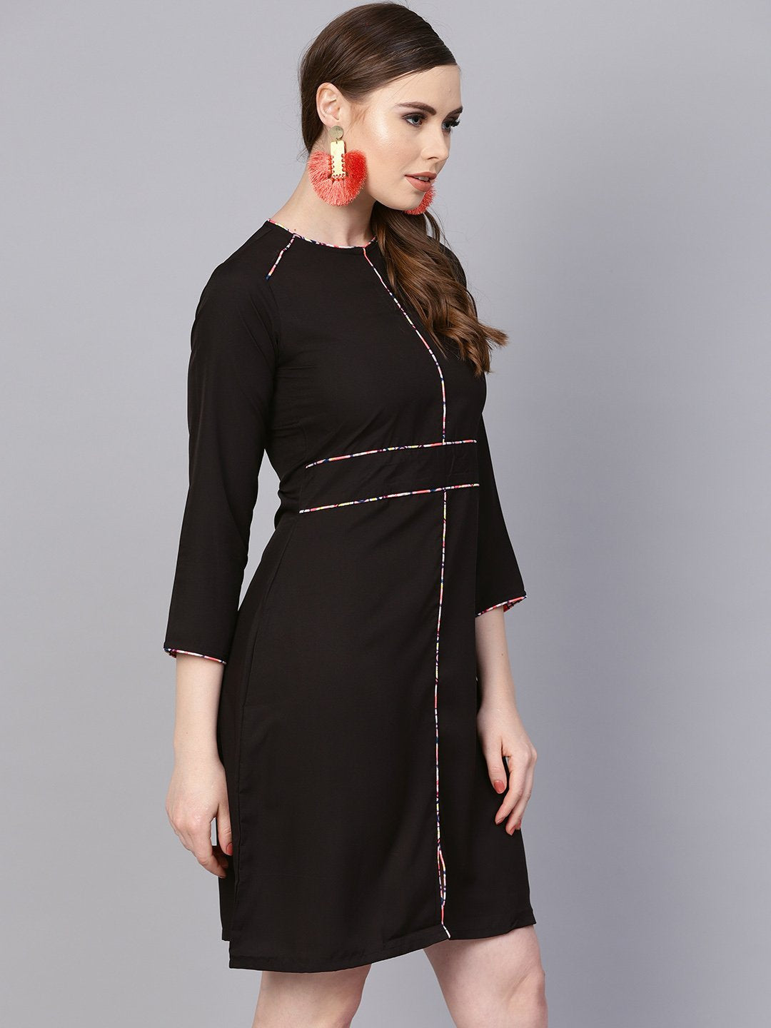 Solid Black Dress With Printed Piping & Round Neck | LASVINI - Redefining Indian Fashion with Elegance