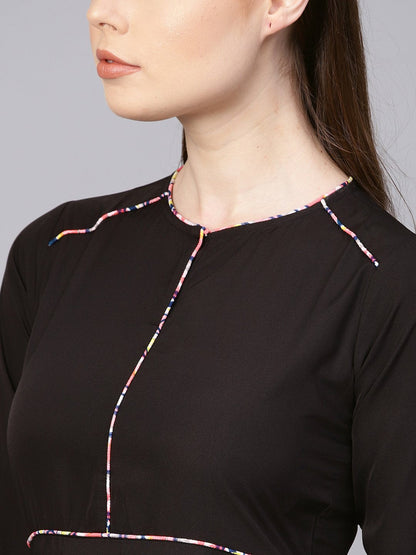 Solid Black Dress With Printed Piping & Round Neck | LASVINI - Redefining Indian Fashion with Elegance