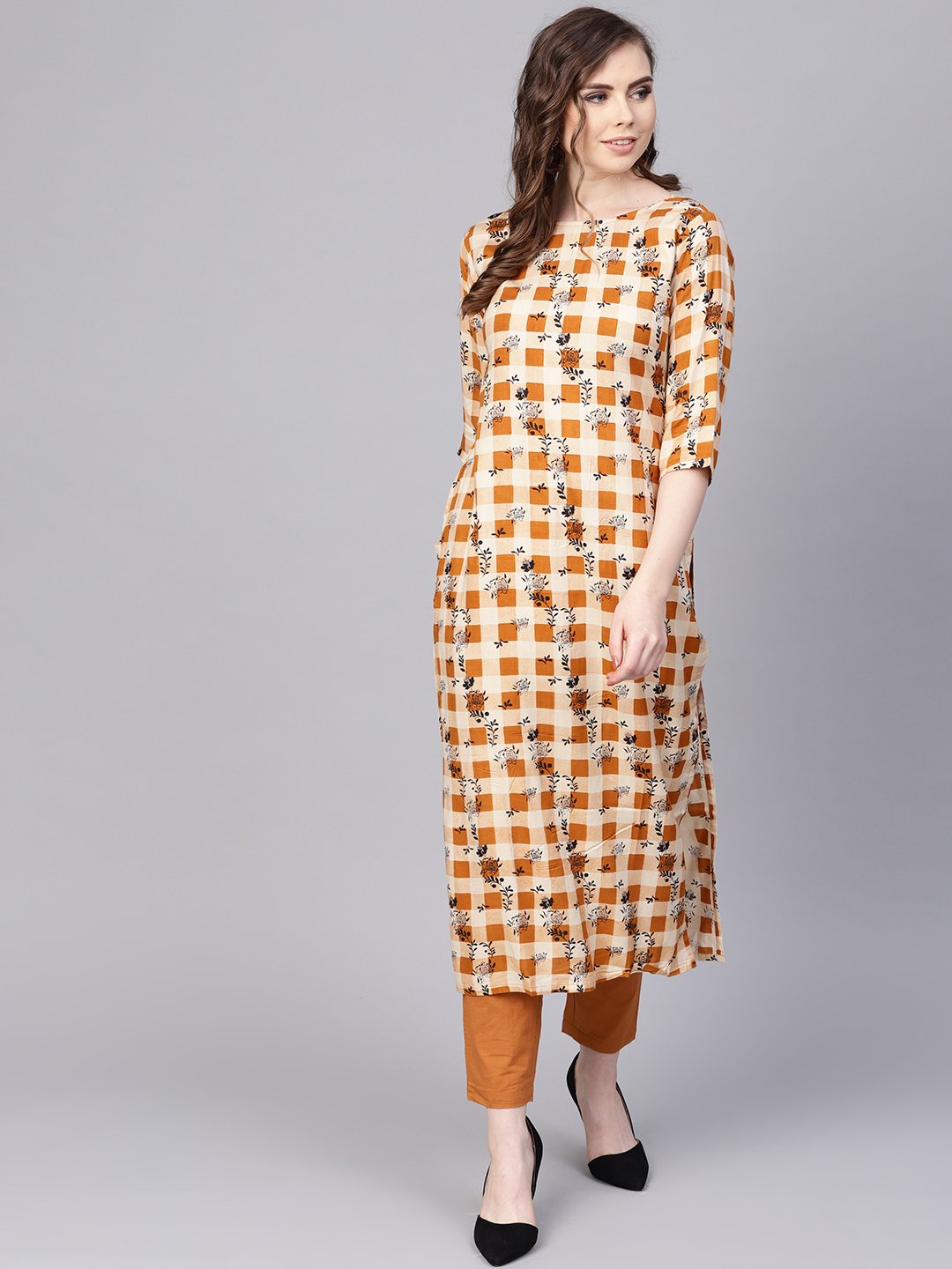 Camel  Brown Checked With Florals Kurta Set With Solid Palazzo | LASVINI - Redefining Indian Fashion with Elegance