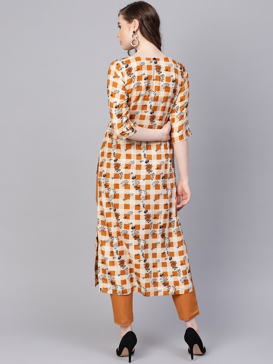 Camel  Brown Checked With Florals Kurta Set With Solid Palazzo | LASVINI - Redefining Indian Fashion with Elegance