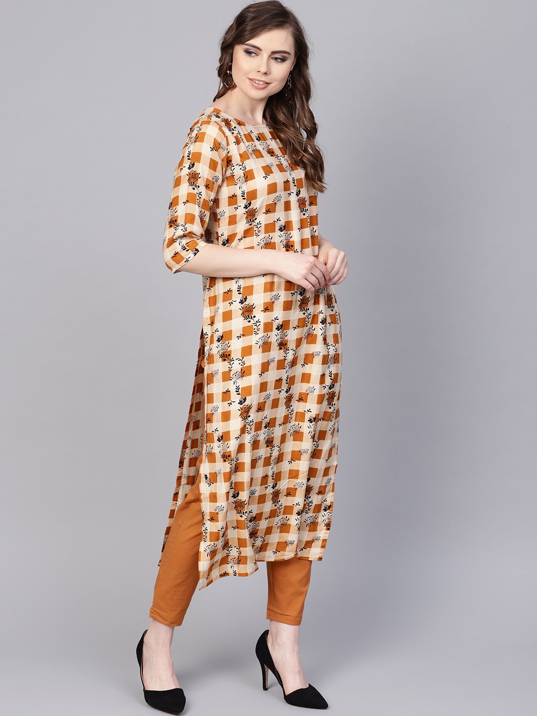 Camel  Brown Checked With Florals Kurta Set With Solid Palazzo | LASVINI - Redefining Indian Fashion with Elegance