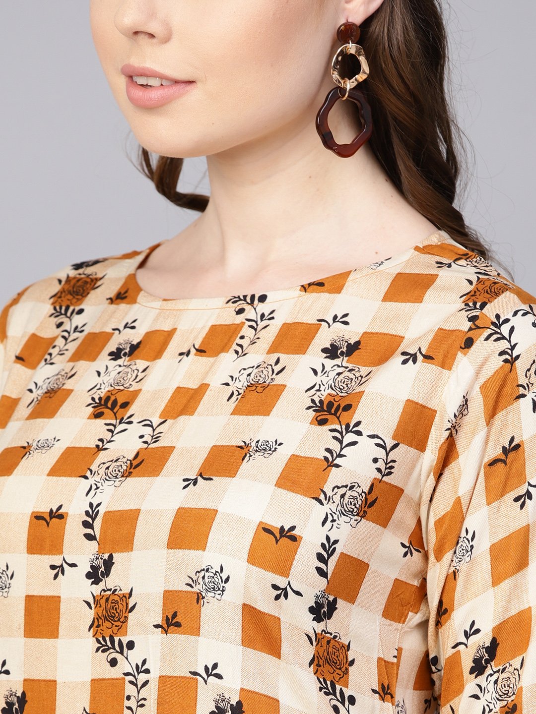 Camel  Brown Checked With Florals Kurta Set With Solid Palazzo | LASVINI - Redefining Indian Fashion with Elegance