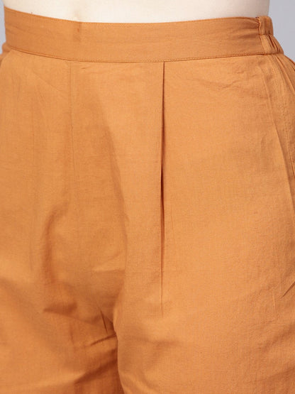 Camel  Brown Checked With Florals Kurta Set With Solid Palazzo | LASVINI - Redefining Indian Fashion with Elegance