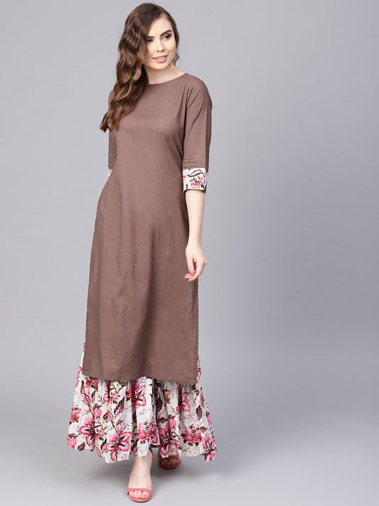 Solid Coffee Brown 3/4Th Sleeve Cotton Kurta With Printed Floral Sharara | LASVINI - Redefining Indian Fashion with Elegance