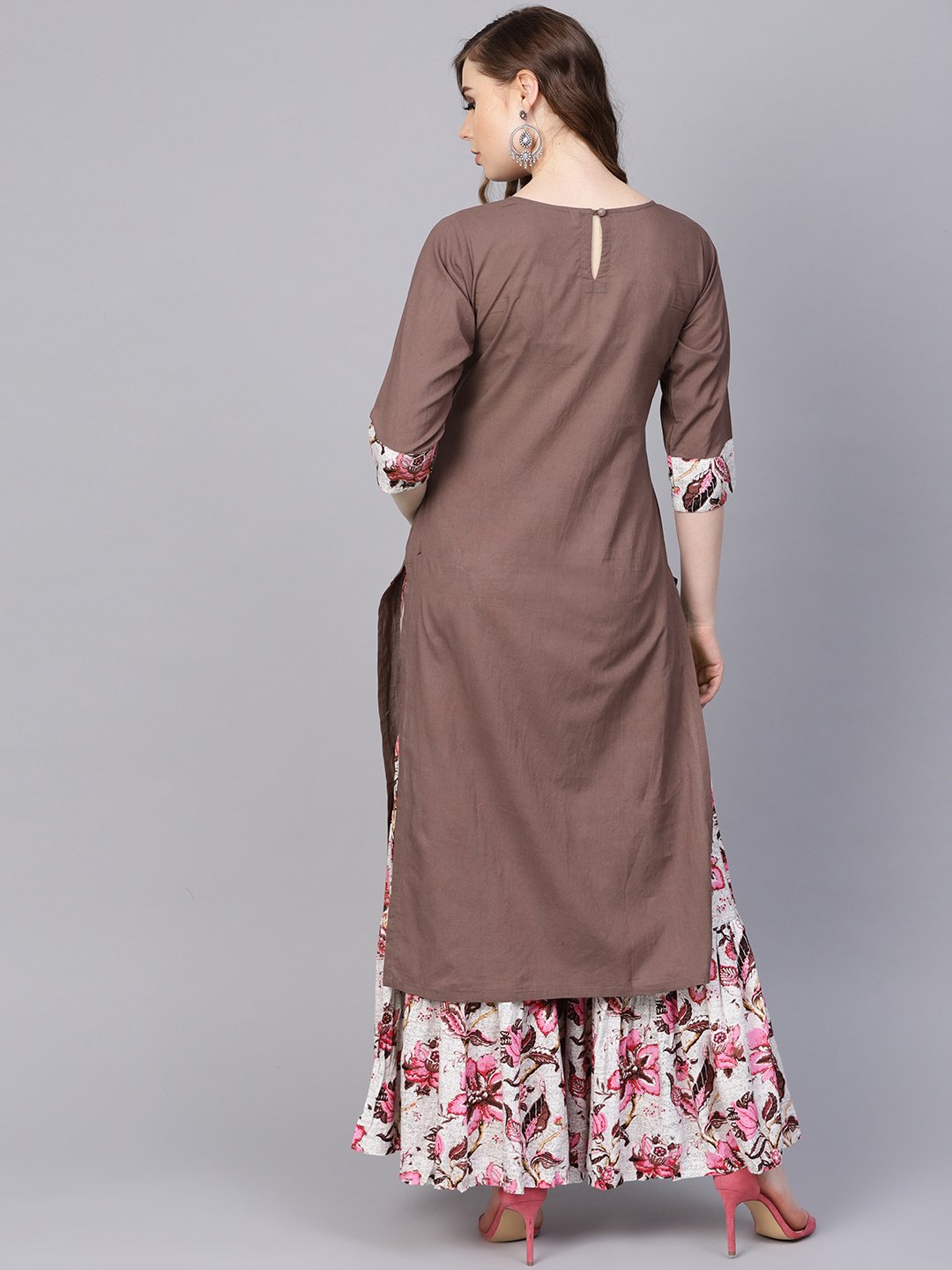 Solid Coffee Brown 3/4Th Sleeve Cotton Kurta With Printed Floral Sharara | LASVINI - Redefining Indian Fashion with Elegance