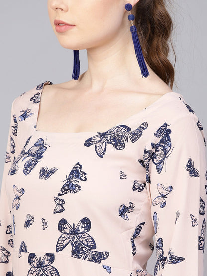 White Butterfly Printed Dress With Square Neck | LASVINI - Redefining Indian Fashion with Elegance