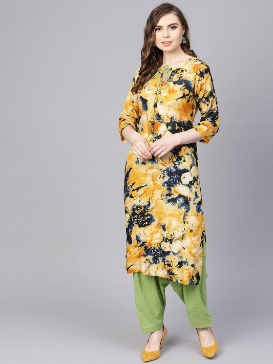 Yellow Marbal Printed Kurta Set With Solid Green Salwar | LASVINI - Redefining Indian Fashion with Elegance