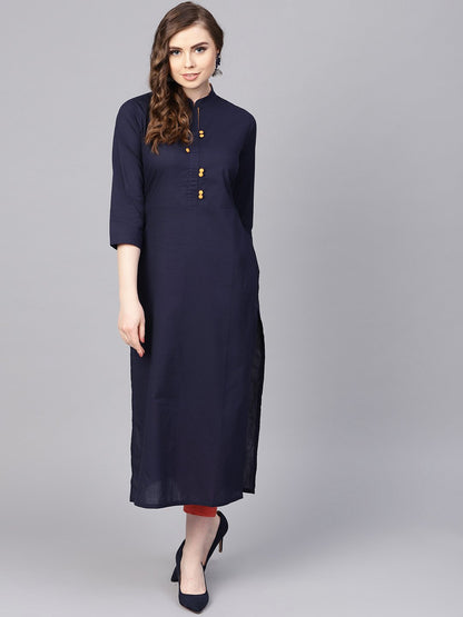 Navy Blue Kurta With Contrasting Detailed Placket With Madarin Collar | LASVINI - Redefining Indian Fashion with Elegance