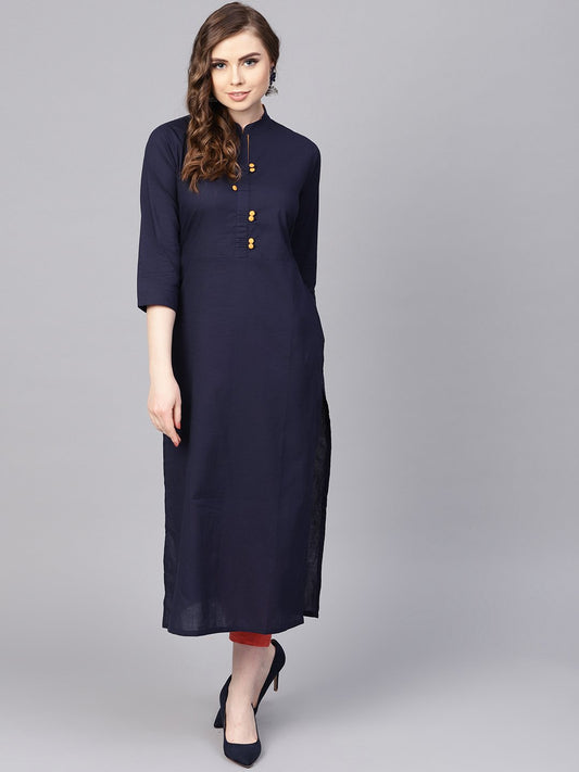 Navy Blue Kurta With Contrasting Detailed Placket With Madarin Collar | LASVINI - Redefining Indian Fashion with Elegance