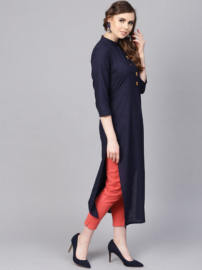 Navy Blue Kurta With Contrasting Detailed Placket With Madarin Collar | LASVINI - Redefining Indian Fashion with Elegance