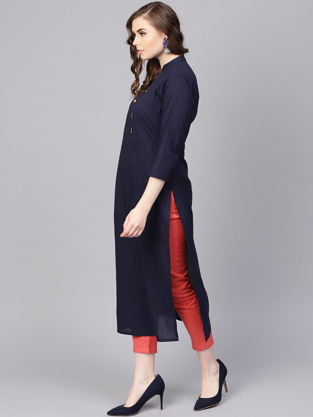 Navy Blue Kurta With Contrasting Detailed Placket With Madarin Collar | LASVINI - Redefining Indian Fashion with Elegance