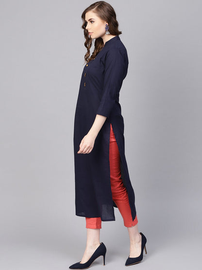 Navy Blue Kurta With Contrasting Detailed Placket With Madarin Collar | LASVINI - Redefining Indian Fashion with Elegance
