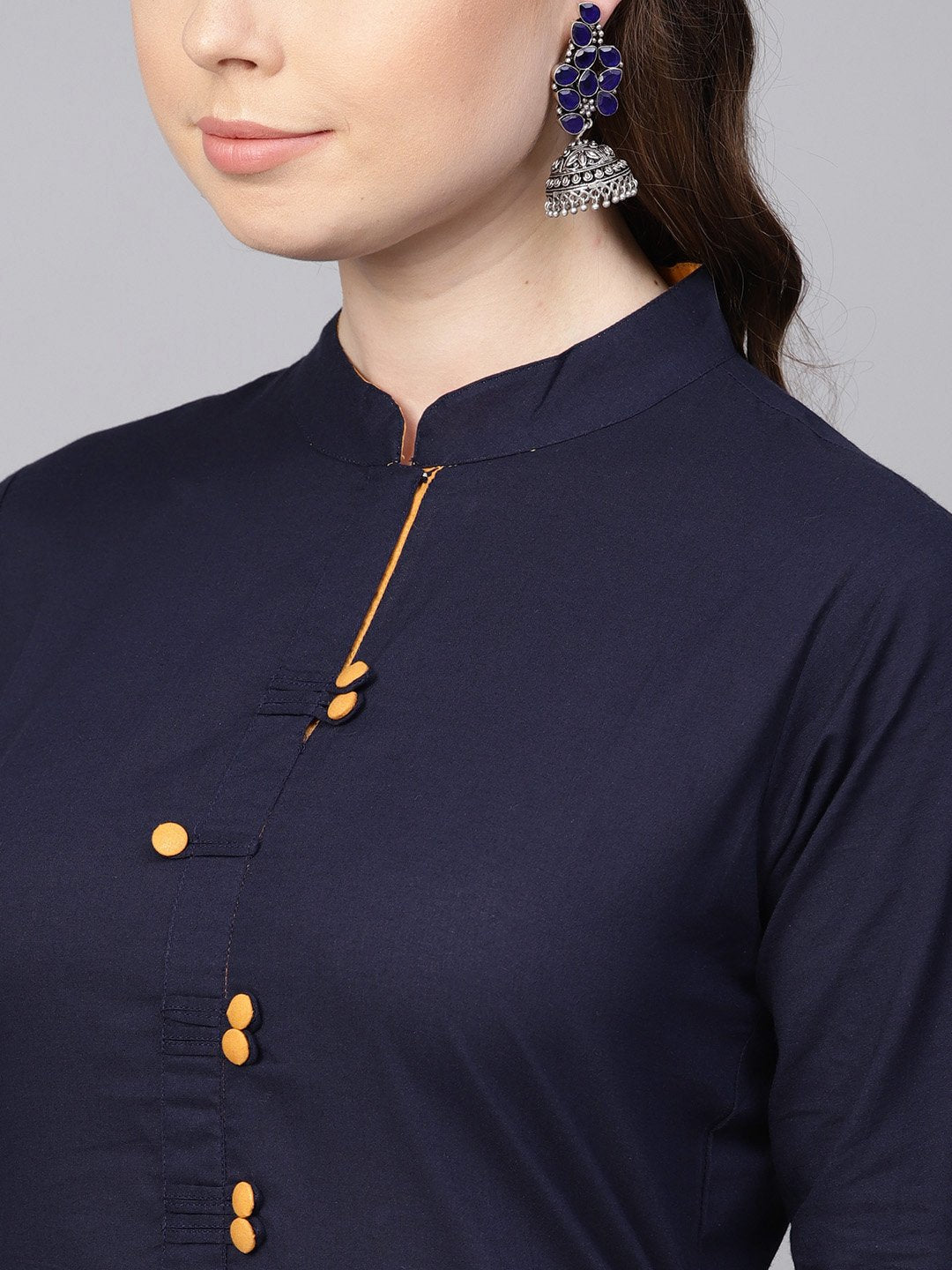 Navy Blue Kurta With Contrasting Detailed Placket With Madarin Collar | LASVINI - Redefining Indian Fashion with Elegance