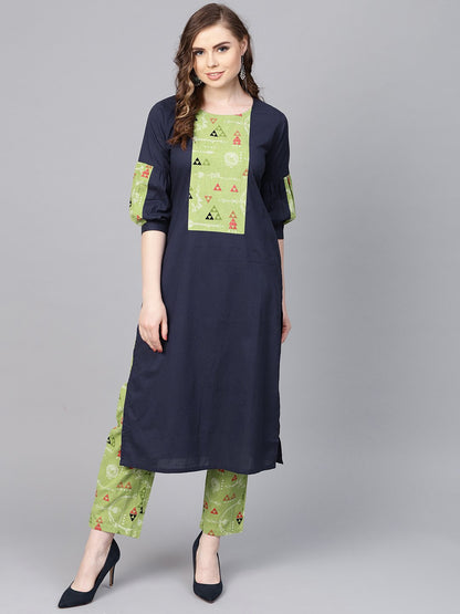 Light Green Printed Set With Navy Blue Solid Kurta & Green Printed Palazzo | LASVINI - Redefining Indian Fashion with Elegance