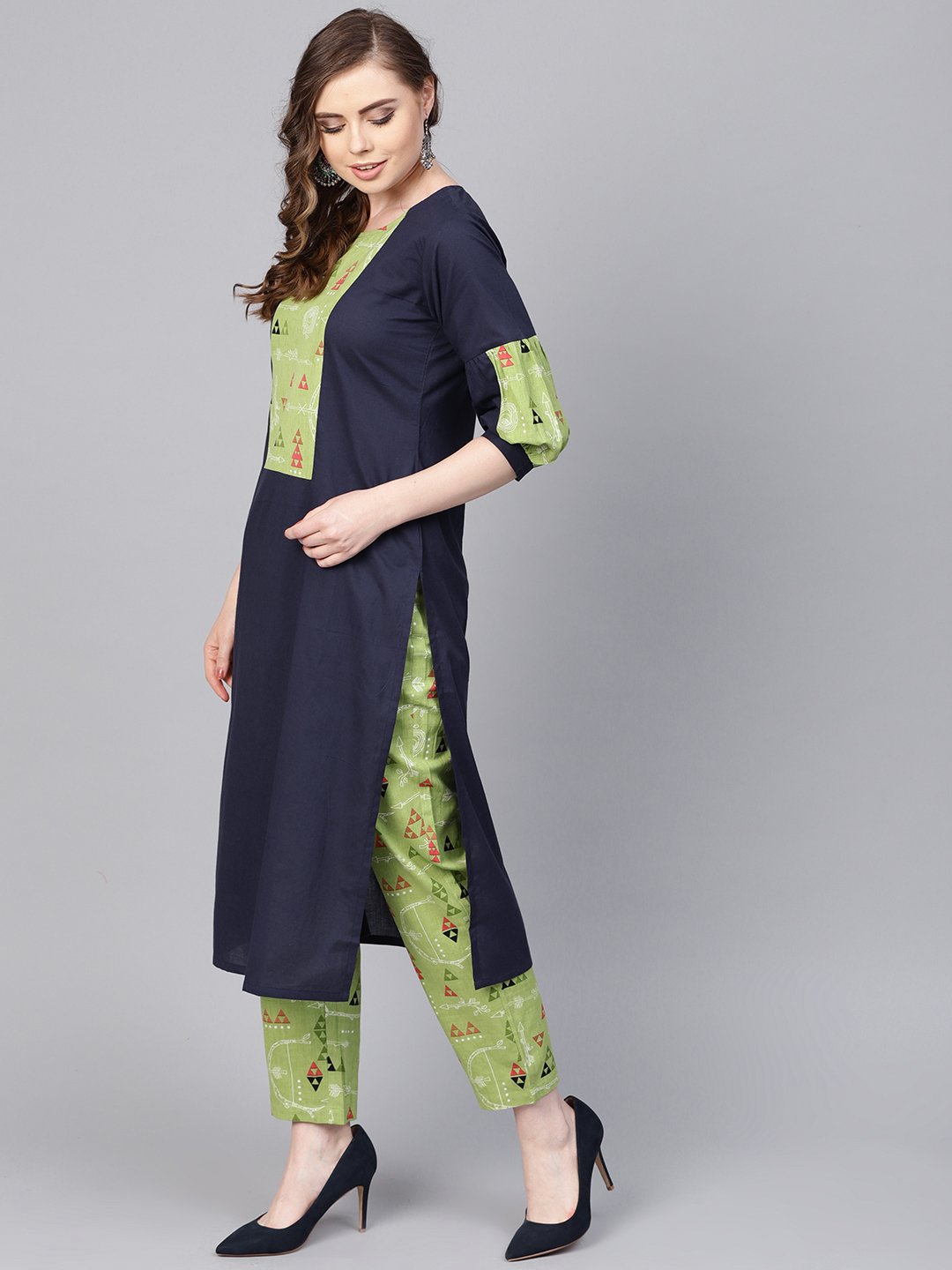 Light Green Printed Set With Navy Blue Solid Kurta & Green Printed Palazzo | LASVINI - Redefining Indian Fashion with Elegance