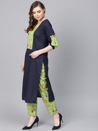 Light Green Printed Set With Navy Blue Solid Kurta & Green Printed Palazzo | LASVINI - Redefining Indian Fashion with Elegance