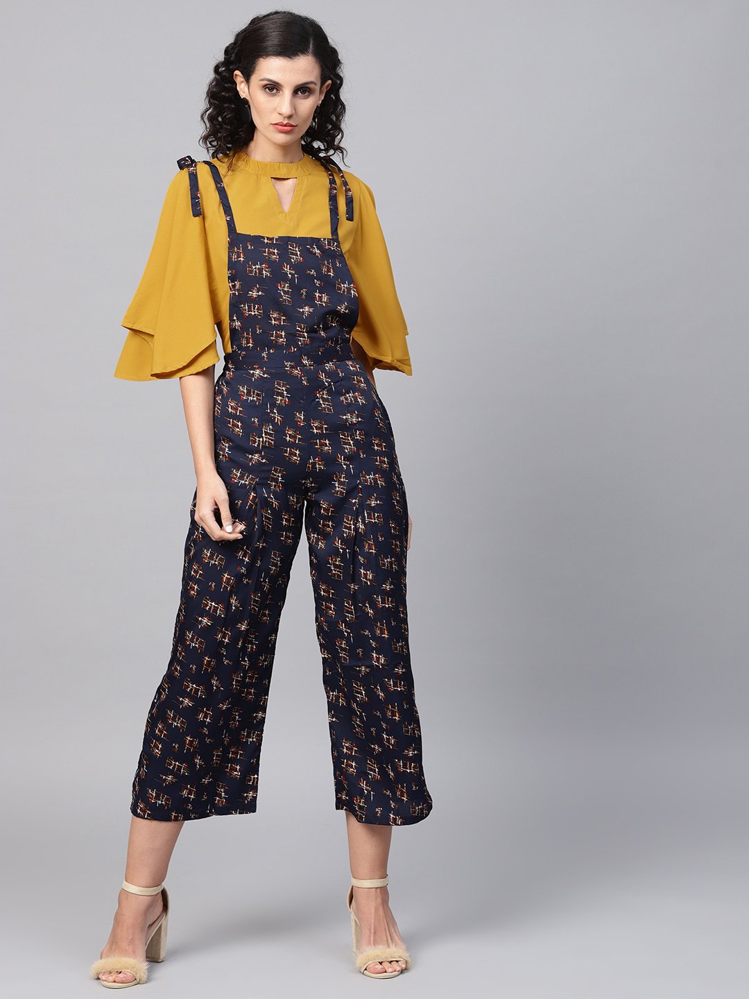 Navy Blue Geometric Printed Knot Style Dungree With Mustard Top | LASVINI - Redefining Indian Fashion with Elegance