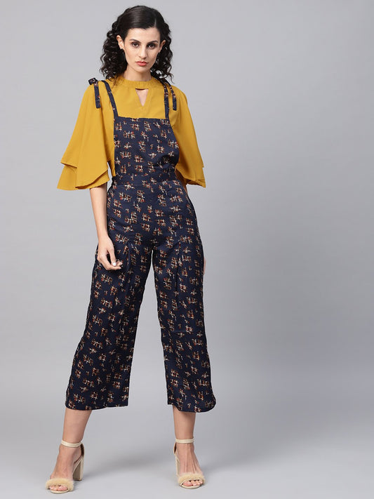 Navy Blue Geometric Printed Knot Style Dungree With Mustard Top | LASVINI - Redefining Indian Fashion with Elegance
