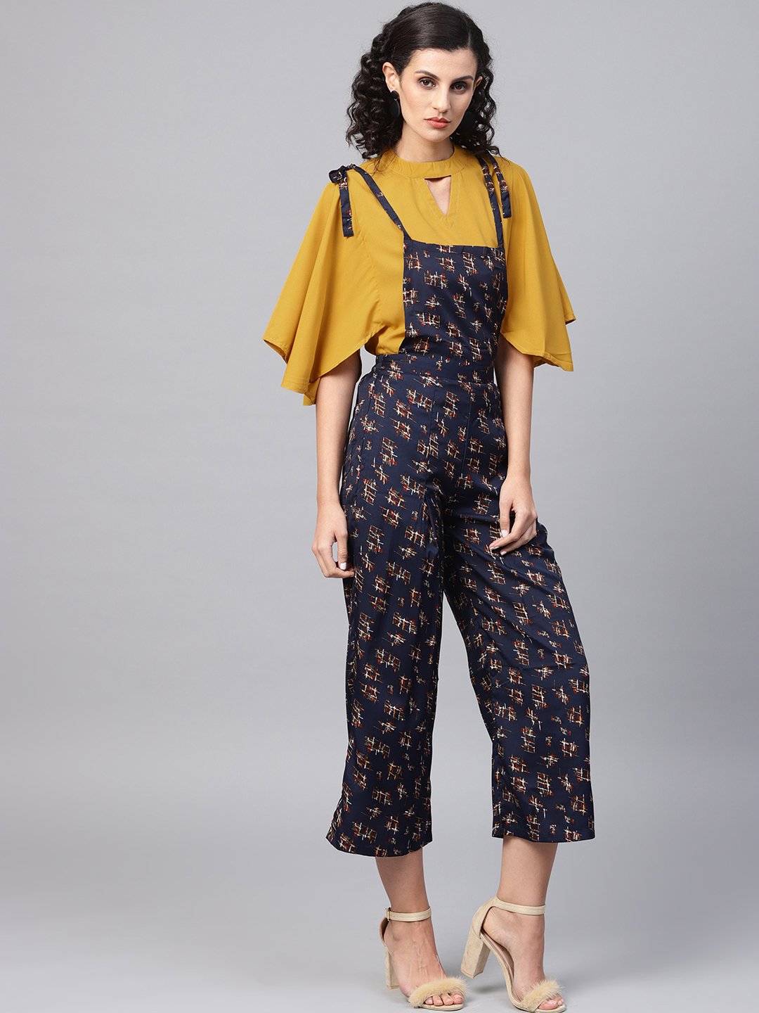 Navy Blue Geometric Printed Knot Style Dungree With Mustard Top | LASVINI - Redefining Indian Fashion with Elegance