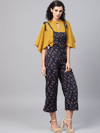 Navy Blue Geometric Printed Knot Style Dungree With Mustard Top | LASVINI - Redefining Indian Fashion with Elegance