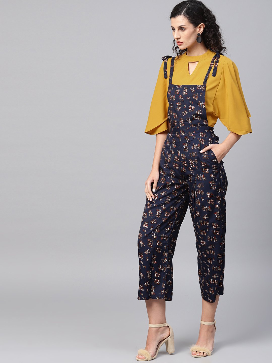 Navy Blue Geometric Printed Knot Style Dungree With Mustard Top | LASVINI - Redefining Indian Fashion with Elegance