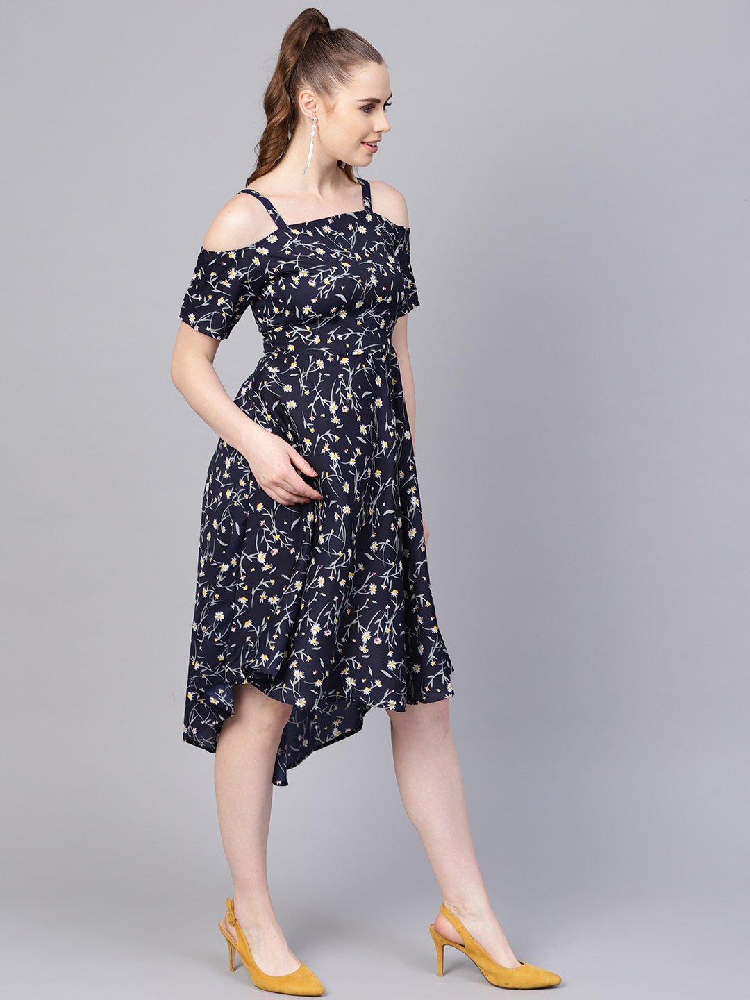 Navy Blue Floral Printed Dress With Shoulder Strap & Detailed Sleeves | LASVINI - Redefining Indian Fashion with Elegance