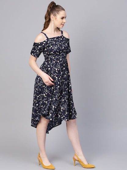 Navy Blue Floral Printed Dress With Shoulder Strap & Detailed Sleeves | LASVINI - Redefining Indian Fashion with Elegance