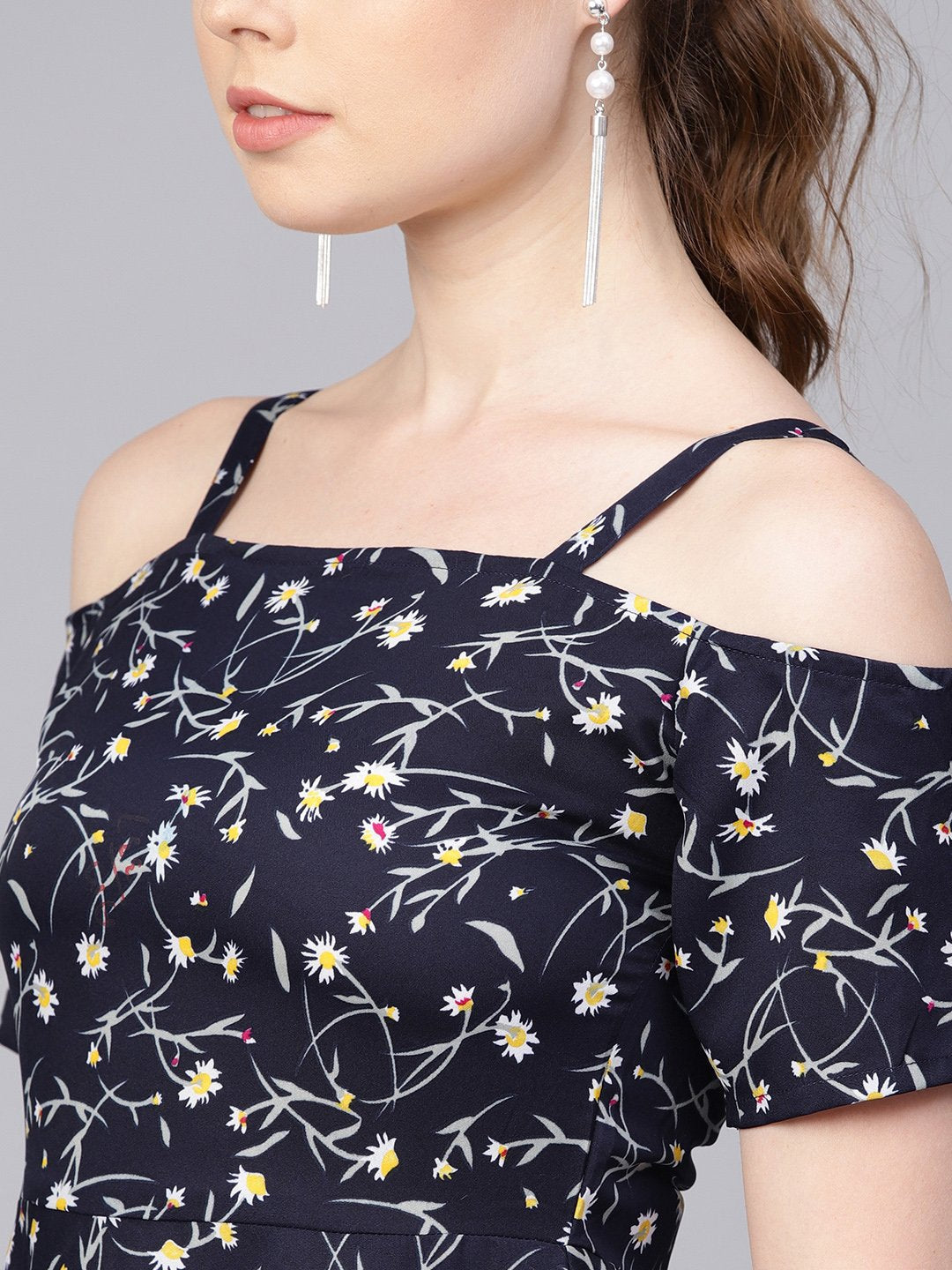 Navy Blue Floral Printed Dress With Shoulder Strap & Detailed Sleeves | LASVINI - Redefining Indian Fashion with Elegance