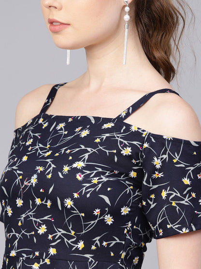 Navy Blue Floral Printed Dress With Shoulder Strap & Detailed Sleeves | LASVINI - Redefining Indian Fashion with Elegance