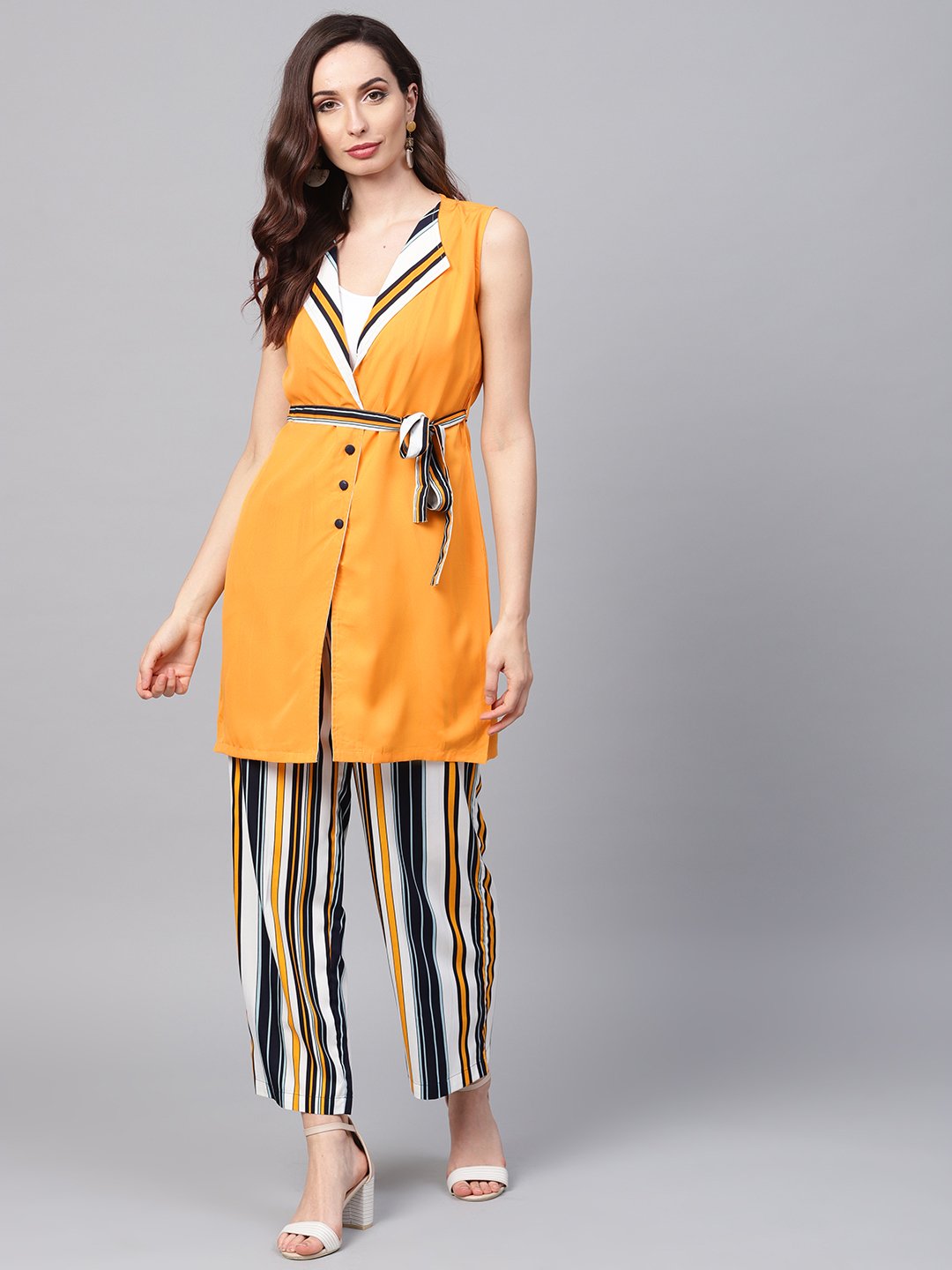 Solid Yellow Jacket & Stripped Palazzo Clothing Set | LASVINI - Redefining Indian Fashion with Elegance
