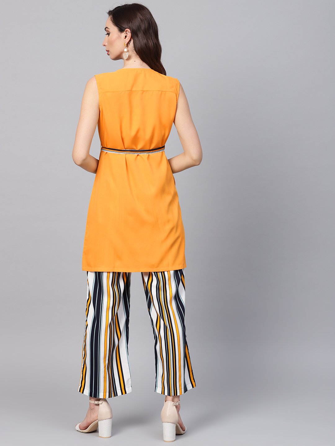 Solid Yellow Jacket & Stripped Palazzo Clothing Set | LASVINI - Redefining Indian Fashion with Elegance