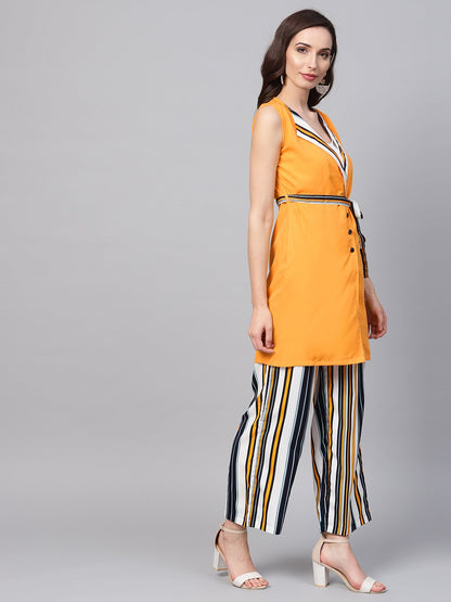 Solid Yellow Jacket & Stripped Palazzo Clothing Set | LASVINI - Redefining Indian Fashion with Elegance