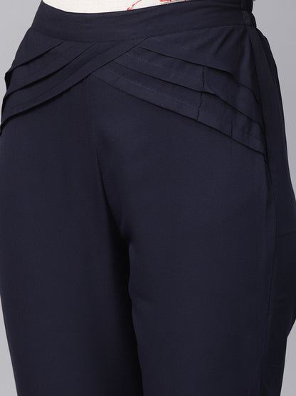 Navy Blue Detailed Pleated Pants | LASVINI - Redefining Indian Fashion with Elegance