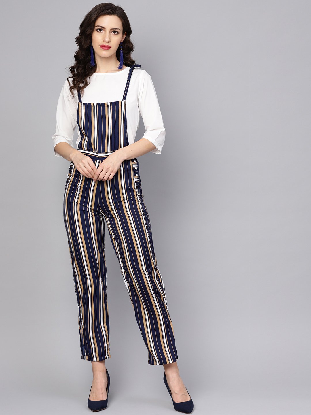 Multi Colored Striped Knot Style Dungree With White Top | LASVINI - Redefining Indian Fashion with Elegance