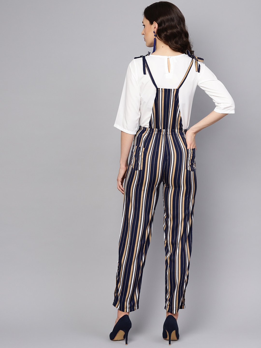 Multi Colored Striped Knot Style Dungree With White Top | LASVINI - Redefining Indian Fashion with Elegance