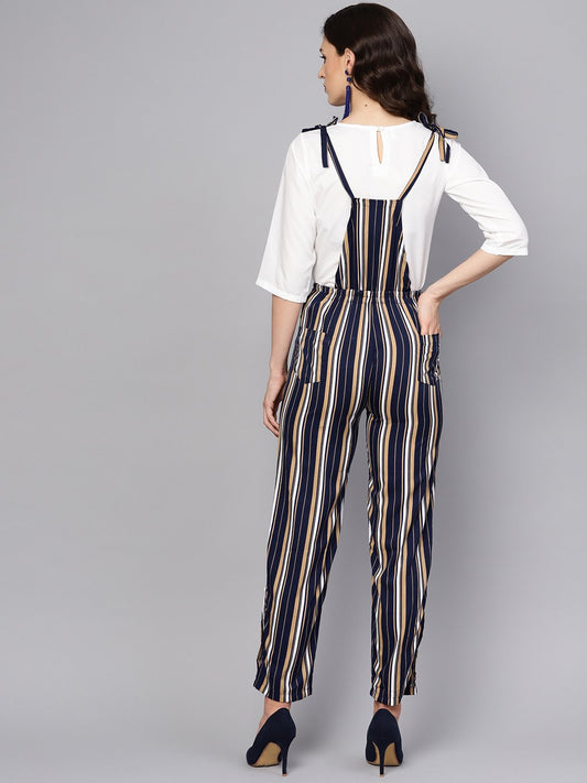 Multi Colored Striped Knot Style Dungree With White Top | LASVINI - Redefining Indian Fashion with Elegance