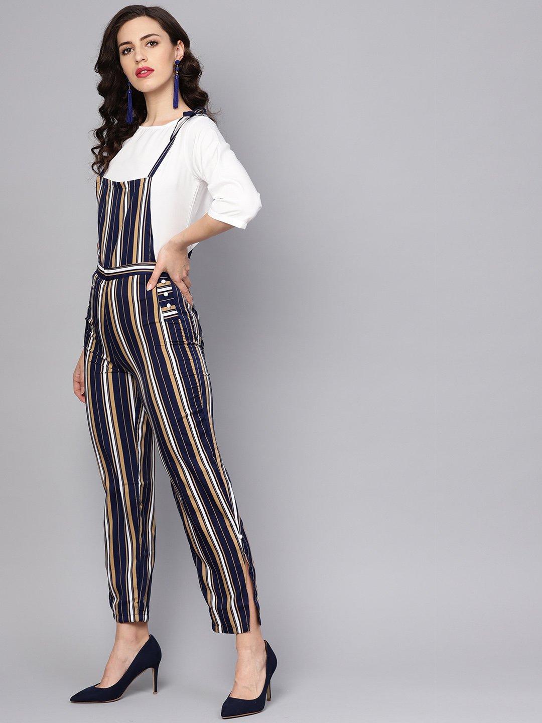 Multi Colored Striped Knot Style Dungree With White Top | LASVINI - Redefining Indian Fashion with Elegance