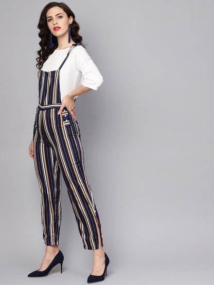 Multi Colored Striped Knot Style Dungree With White Top | LASVINI - Redefining Indian Fashion with Elegance