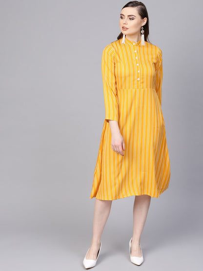 Yellow & White Striped Dress With Madarin Collar & Full Sleeves | LASVINI - Redefining Indian Fashion with Elegance