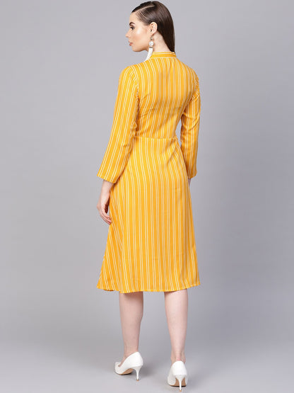 Yellow & White Striped Dress With Madarin Collar & Full Sleeves | LASVINI - Redefining Indian Fashion with Elegance