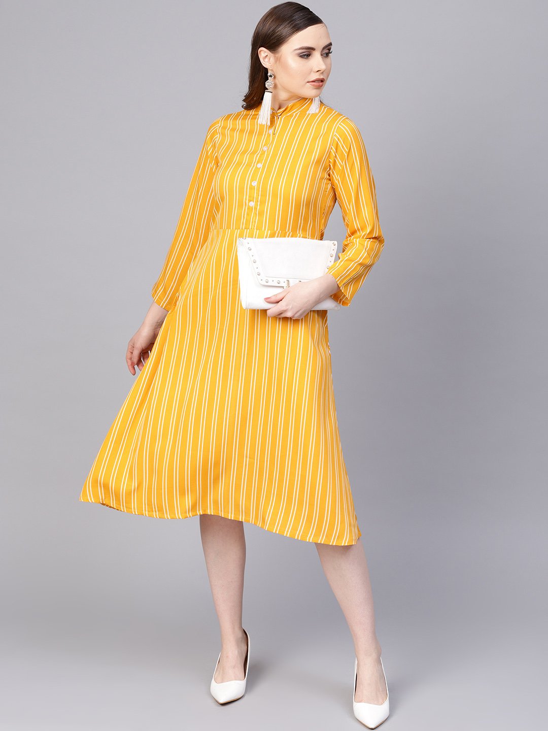 Yellow & White Striped Dress With Madarin Collar & Full Sleeves | LASVINI - Redefining Indian Fashion with Elegance